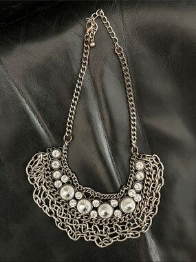 Silver Crystal Statement Bib Necklace
